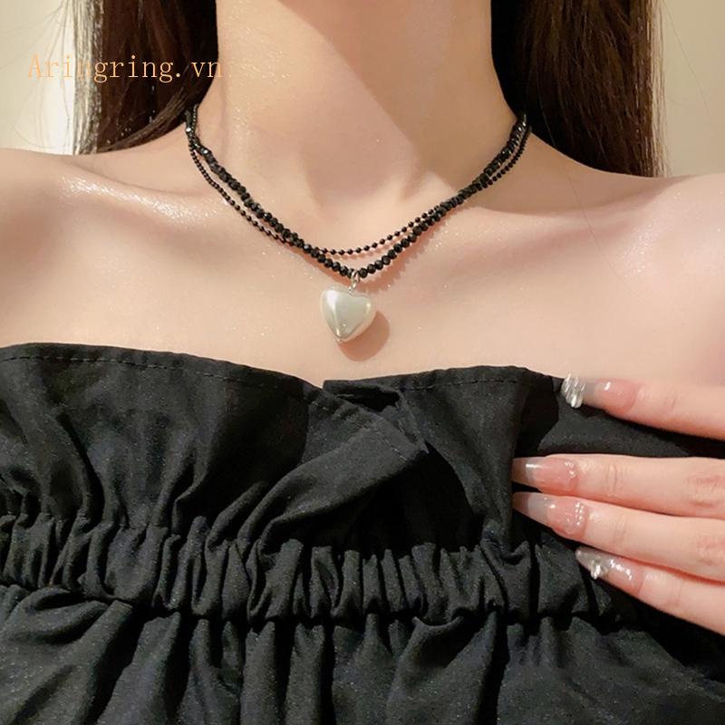 Vòng cổ Hai Lớp Đính Hạt Ngọc Trai Mặt Trái Tim