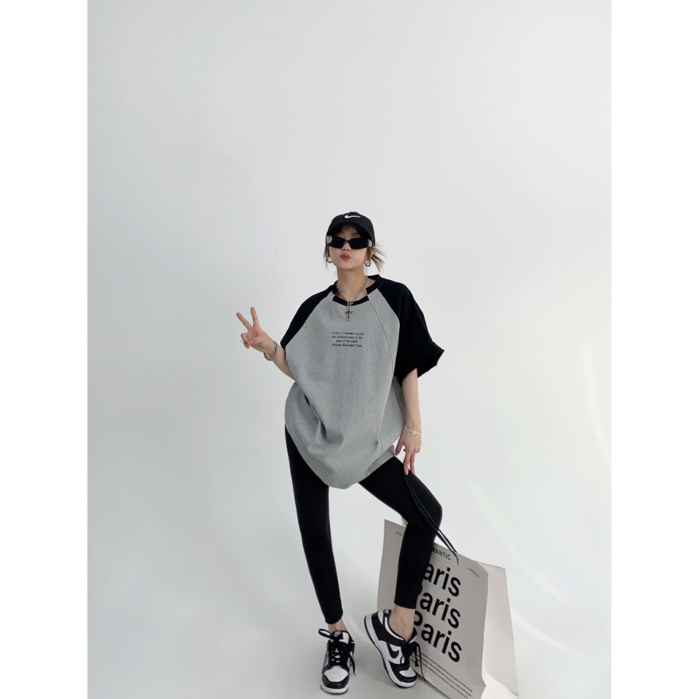 Áo Thun Raglan Tay Ngắn Dáng Rộng Màu Sắc Tương Phản Phong Cách Retro Dành Cho Nữ