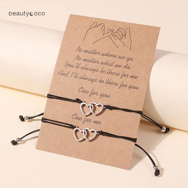 beautycoco🍊Set 2 Vòng tay bện dây mặt hình trái tim đôi thời trang có thể điều chỉnh dành cho nam nữ