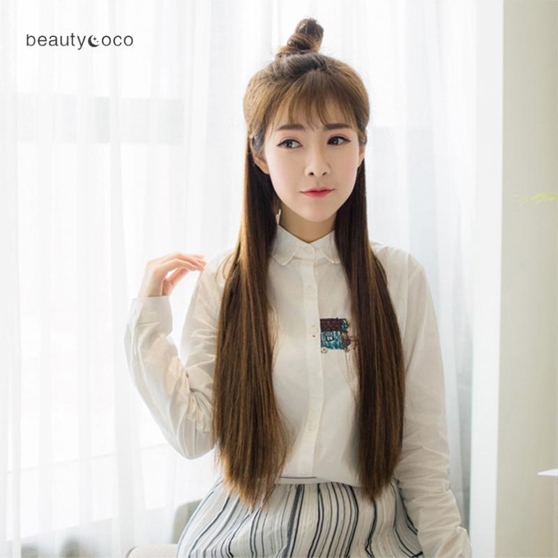 Beautycoco🍊Tóc giả dáng thẳng dài có 5 kẹp giữ màu đen/ nâu thời trang 60cm-hình thật