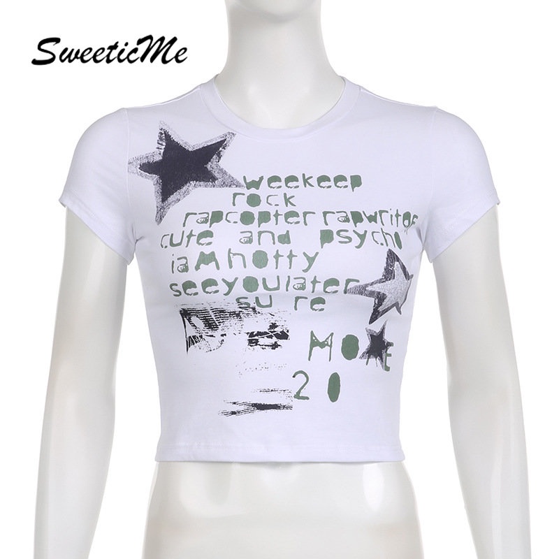 Áo Thun Tay Ngắn Cổ Tròn In Chữ Và Ngôi Sao Thời Trang 2023 Dành Cho Nữ