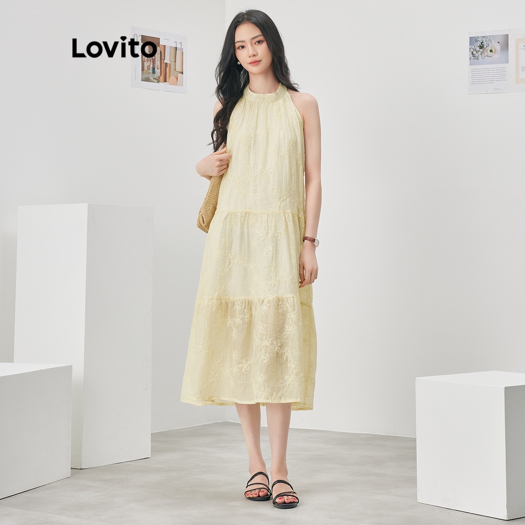 Đầm Lovito dáng chữ A không tay màu trơn dây buộc phía sau phong cách thường ngày dành cho nữ L52AD082 (màu mơ/trắng)