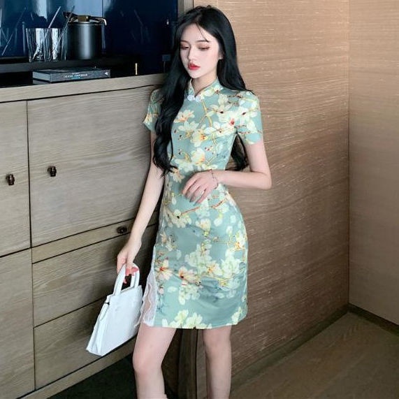 Đầm Sườn Xám Cách Tân Tay Ngắn Phối Ren Thời Trang Mùa Hè Xinh Xắn Cho Nữ