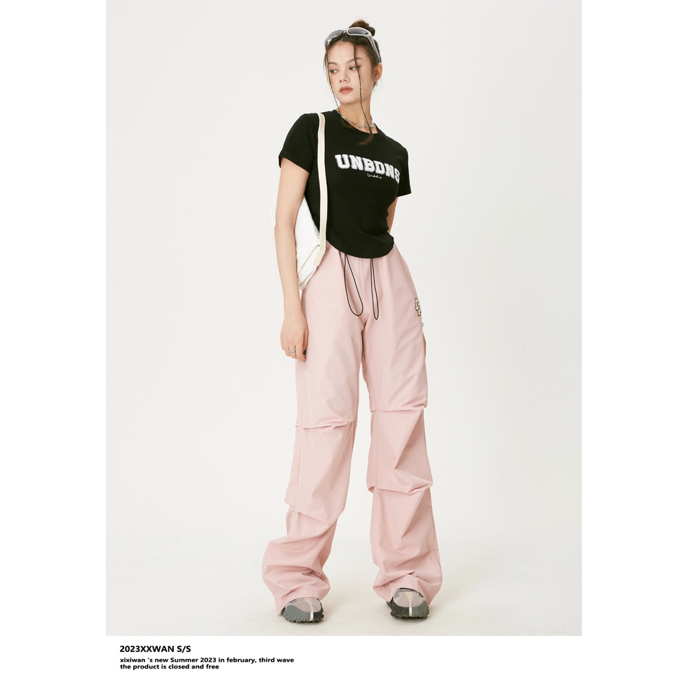 Xixi Quần Thể Thao Ống Rộng Phối Dây Rút Thời Trang Retro Mỹ Dành Cho Nữ