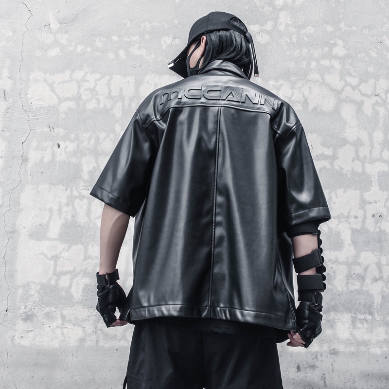 Áo Khoác Da PU Tay Ngắn Dáng Rộng Dập Nổi Họa Tiết Đường Phố Mỹ Cá Tính Thời Trang Mùa Hè Cho Nam