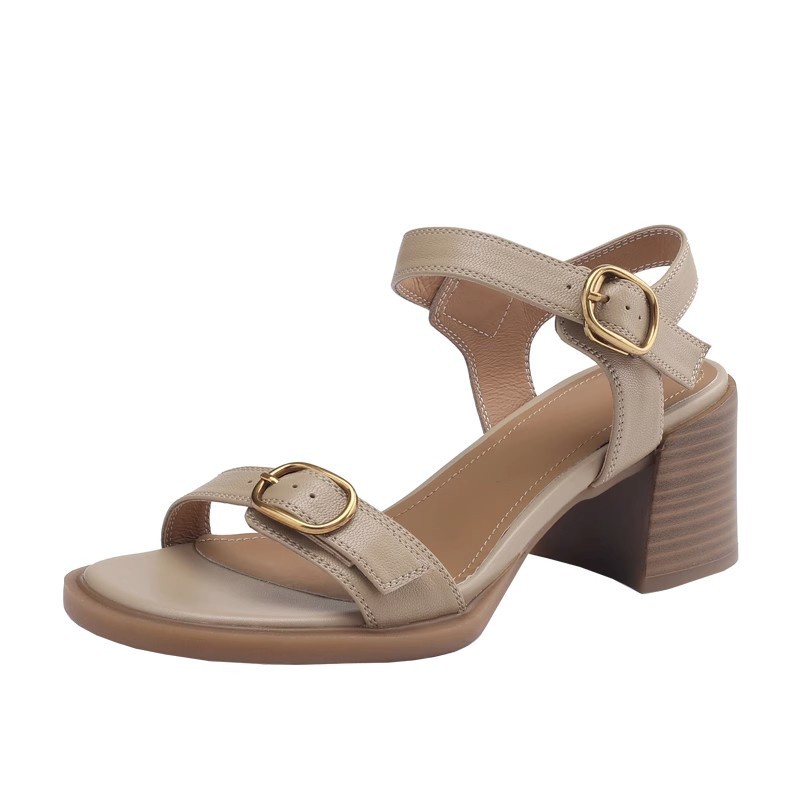 Duoya Tóc Thẳng ~ [Hàng Có Sẵn] Giày Sandal Dây Da Thật Mềm Cao Gót Hở Ngón Đế Dày Cài Khóa La Mã Cho Nữ