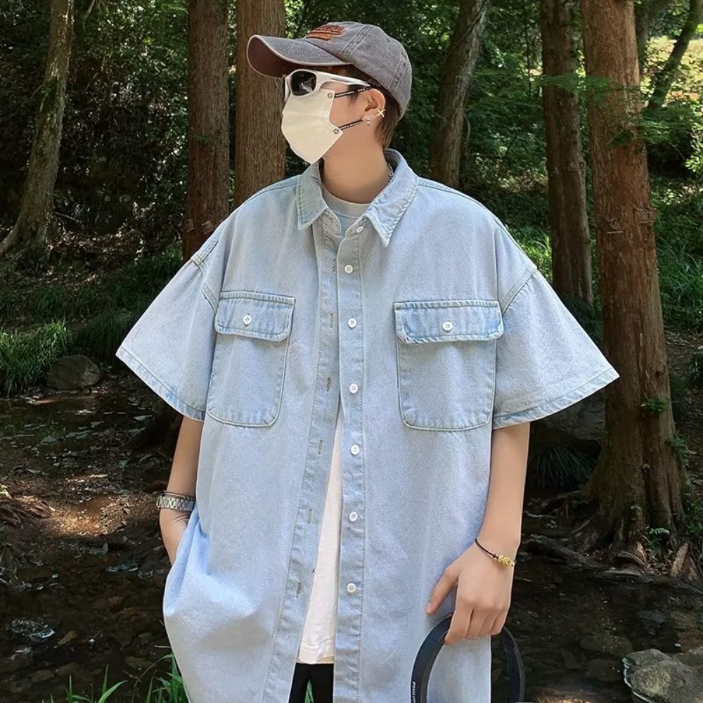 Áo Sơ Mi Denim Tay Ngắn Phong Cách Thời Trang Đường Phố Mới Cho Nam