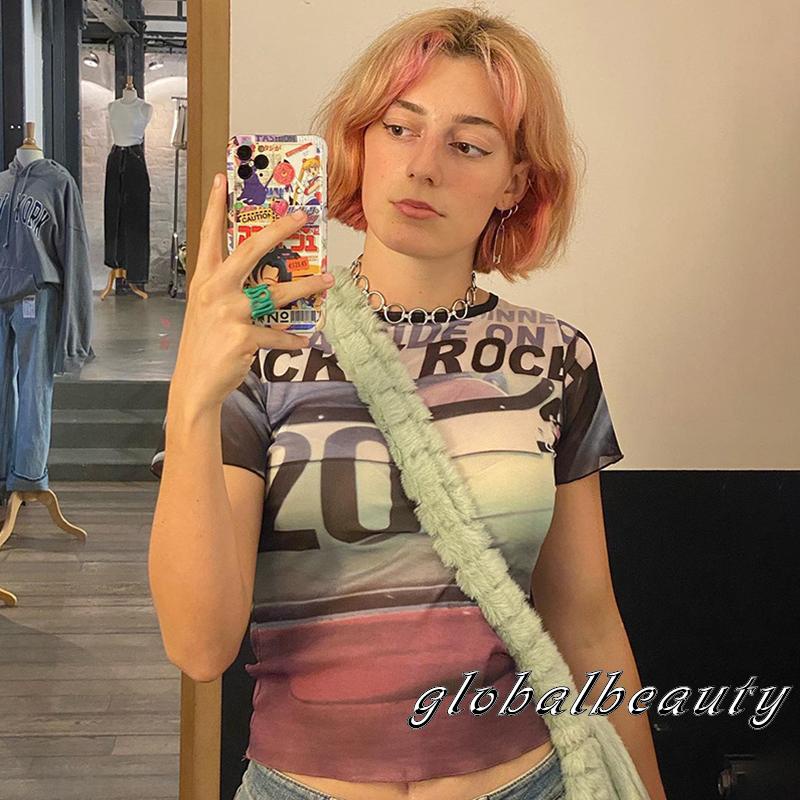 Áo Croptop Tay Ngắn Cổ Tròn In Chữ Phối Lưới Thời Trang Mùa Hè Cho Nữ