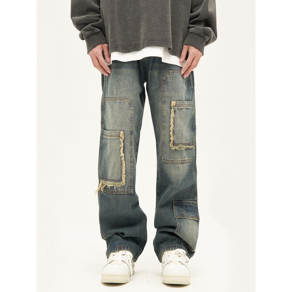 Quần Jean Dài Dáng Rộng Phối Nhiều Túi Phong Cách Retro