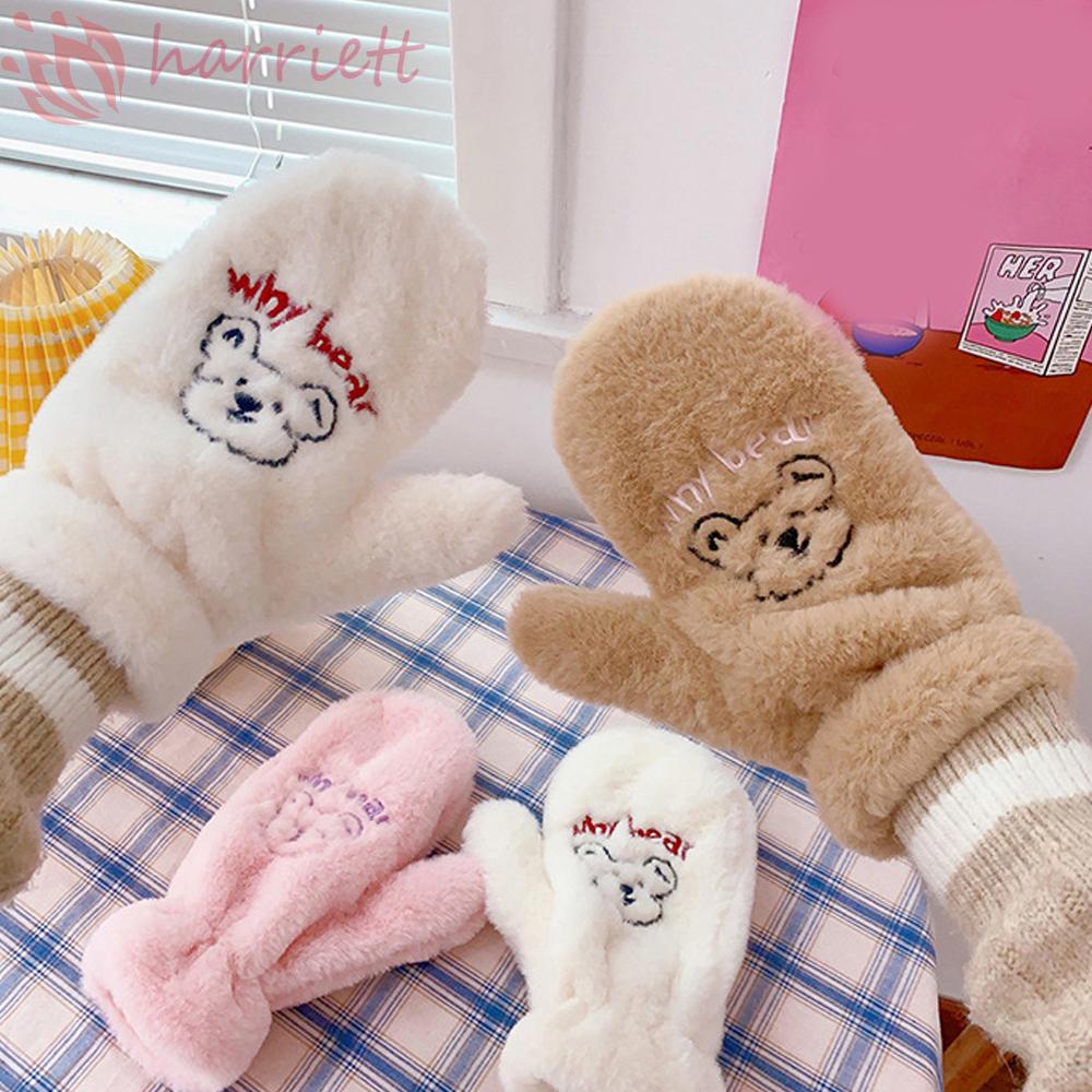 Găng tay vải lông dày giữ ấm mùa đông họa tiết hoạt hình phong cách Hàn Quốc dễ thương dành cho nữ