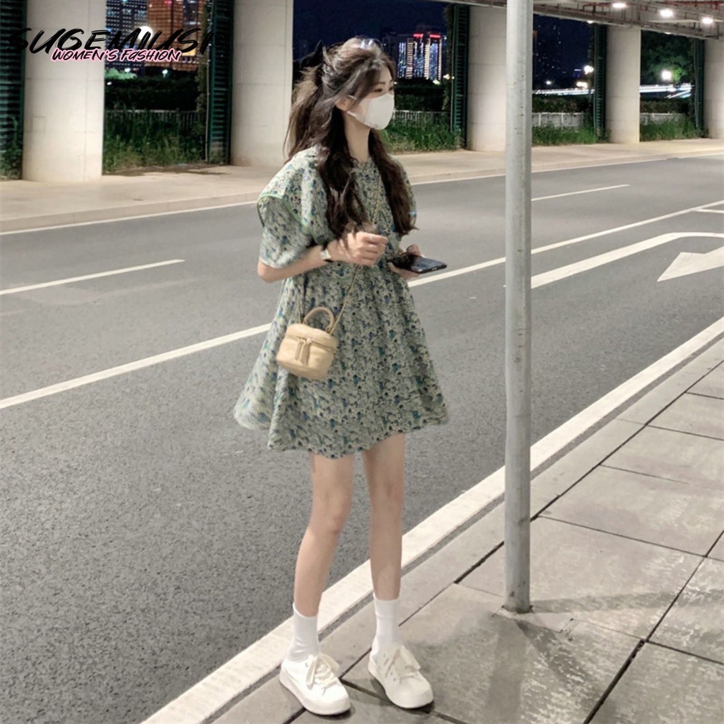 Đầm Búp Bê Ngắn Dáng Rộng Tay Xếp Nếp In Hoa Nhỏ Màu Xanh Lá Tươi Mới Retro Mùa Hè Cho Nữ