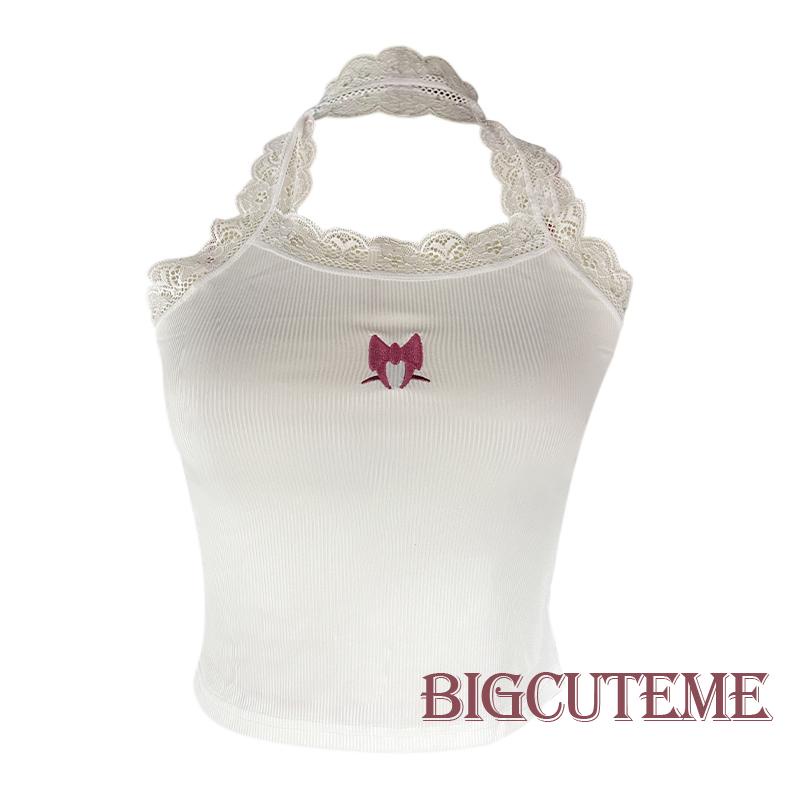 [] - Áo Croptop Không Tay Hở Lưng Ôm Dáng Thêu Ren Thắt Nơ Thời Trang Đường Phố Mùa Hè Màu Trắng Dành Cho Nữ