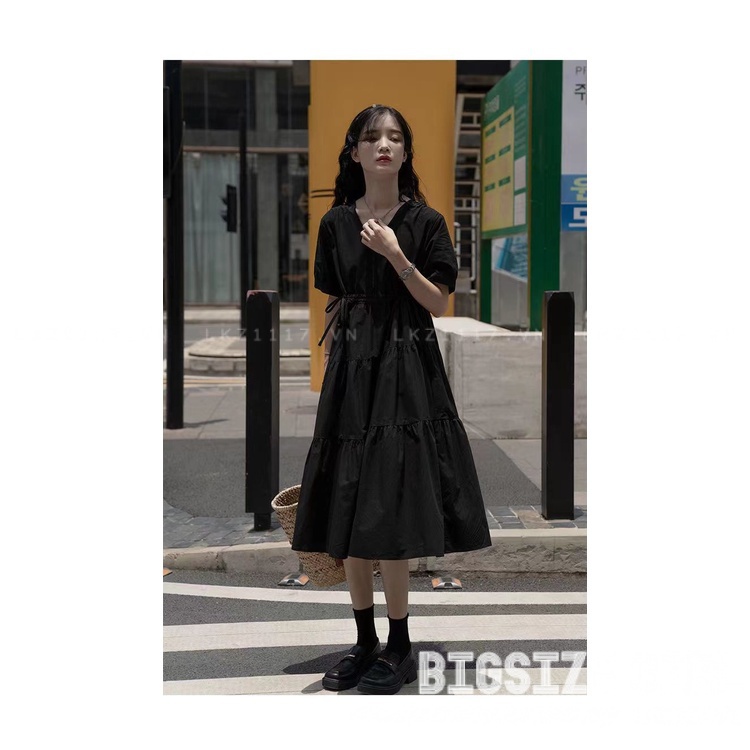 Váy đầm nữ Bigsize Đầm babydoll dáng dài tay ngắn cổ chữ v đen mùa hè Phong cách Hàn Quốc Thời Trang đẹp