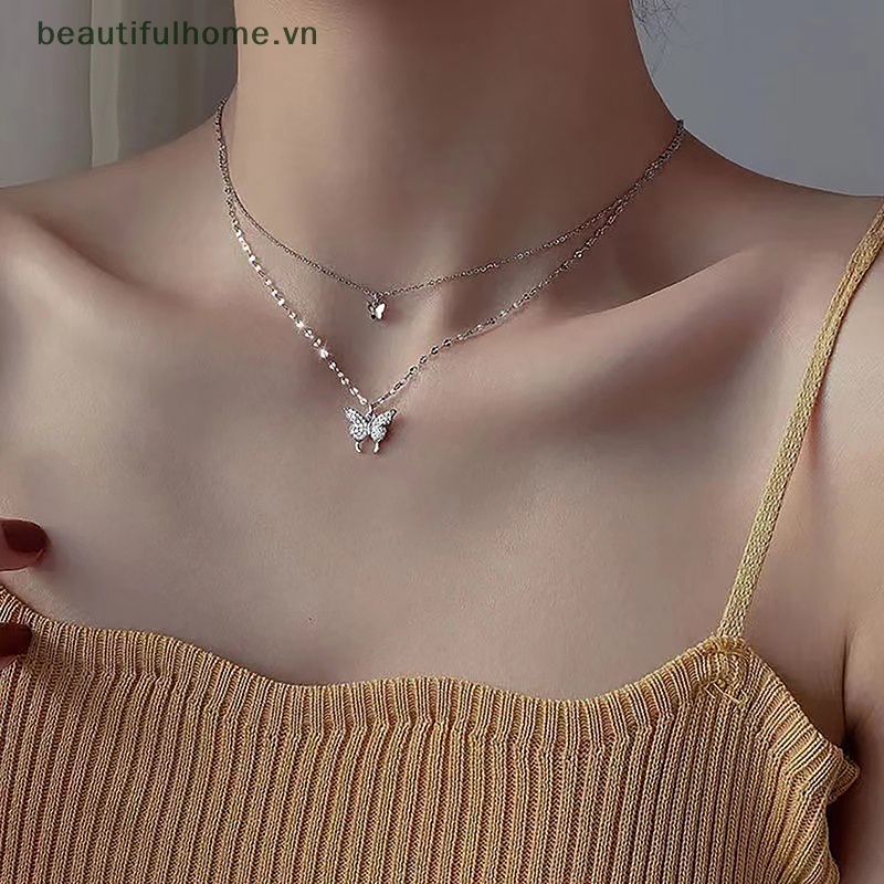 [beautifulhome] Vòng cổ Hai Lớp Mặt Hình Bướm Tinh Tế Thời Trang Làm Quà Tặng Trang Sức Cho Nữ [beauty]