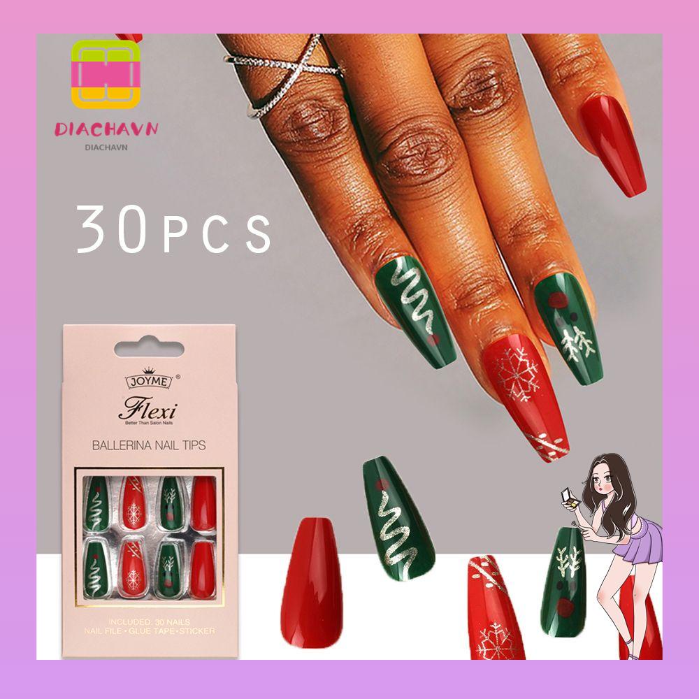 Bộ 30 Móng Tay Giả Che Phủ Toàn Diện Họa Tiết Bông Tuyết Giáng Sinh