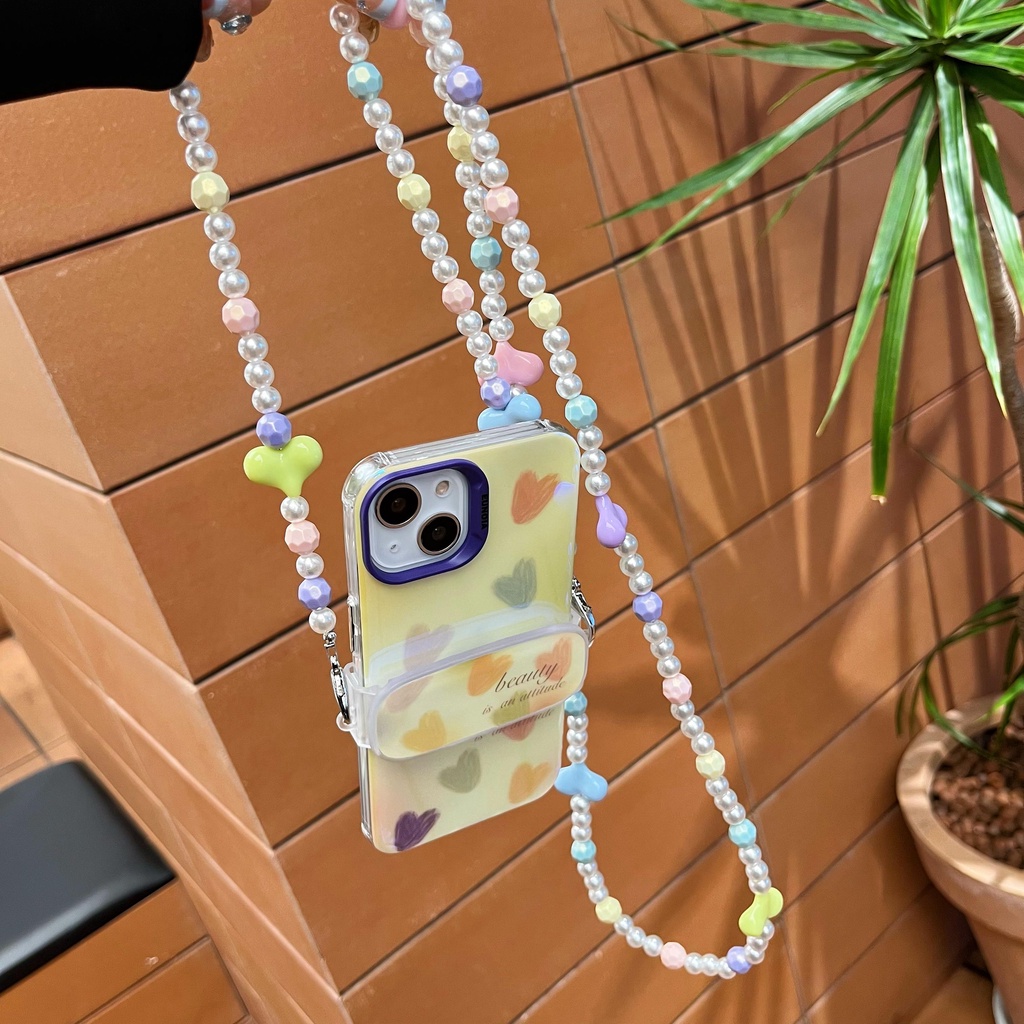 Ốp Điện Thoại TPU Mềm Chống Rơi Màu Cầu Vồng Đính Ngọc Trai Và Dây Đeo Chéo Cho iPhone 14 13 12 11 Pro Max