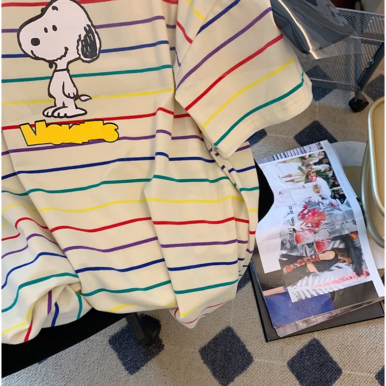 Áo Thun 100% cotton Tay Ngắn Dáng Suông In Họa Tiết Kẻ Sọc Ngang Trẻ Trung Thời Trang Phong Cách Hàn Quốc Cho Nữ 200g