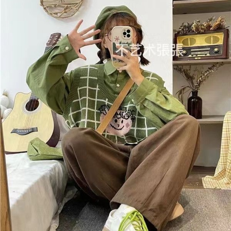 Set Áo Sơ Mi Đa Năng + Áo Khoác Jacquard Không Tay Ngọt Ngào