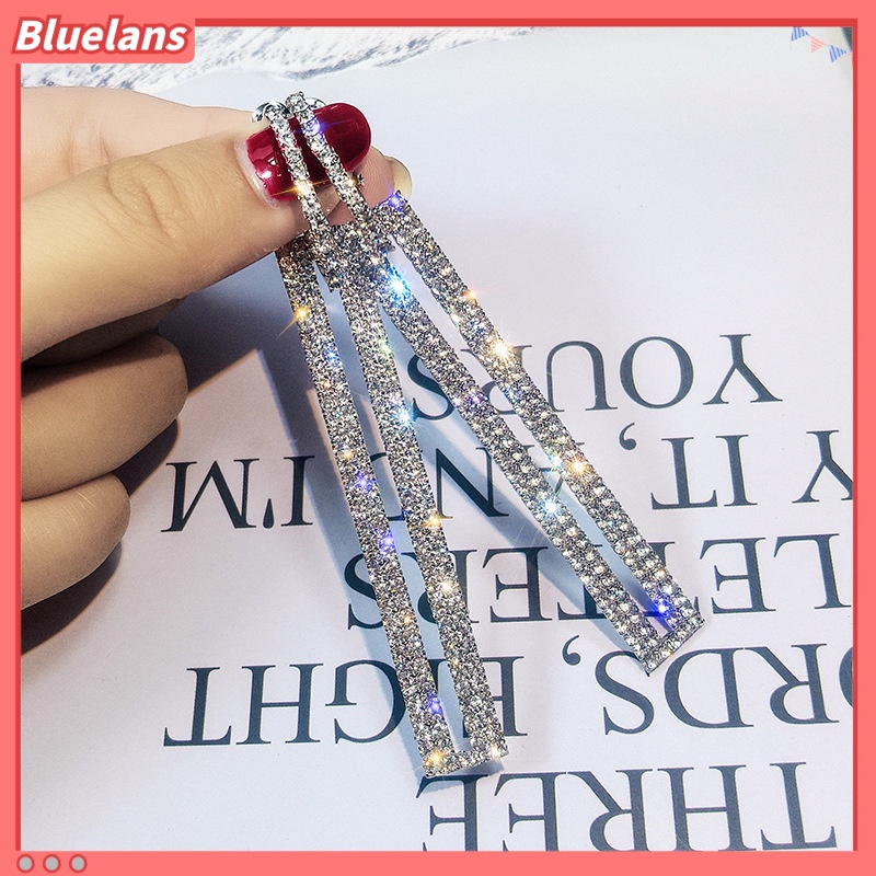 [BLS] Bông Tai Dài Hình Chữ Nhật Rỗng Đính Kim Cương Pha Lê Phong Cách Hàn Quốc