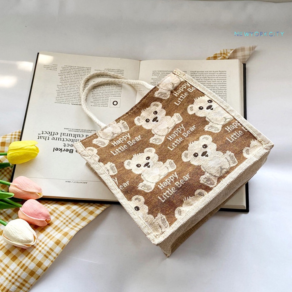 Túi Vải Lanh Cotton Sức Chứa Lớn In Họa Tiết Hoạt Hình Chú Gấu Đáng Yêu Có Tay Cầm Tiện Dụng