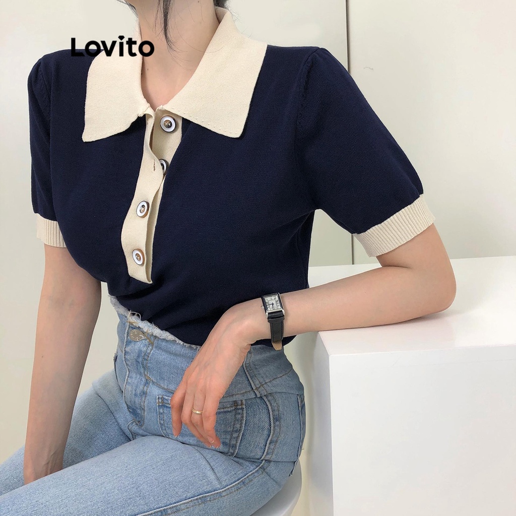 Áo dệt kim Lovito tay ngắn trơn phối nút cổ tương phản cho nữ LNA11001 (màu đen)