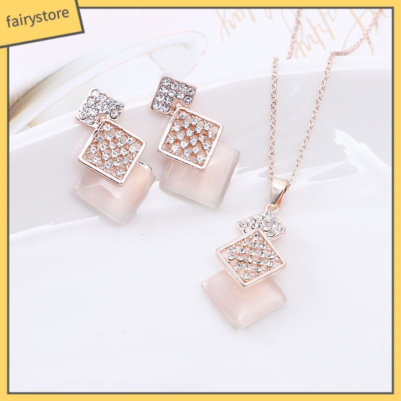 Set Vòng cổ Và Đôi Khuyên Tai Đính Đá Opan Thời Trang Dành Cho Nữ