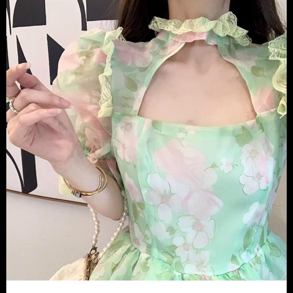 Đầm Hoa Tay Phồng Ôm Eo Phối Bèo Nhún Dễ Thương Thời Trang Cho Bạn Gái