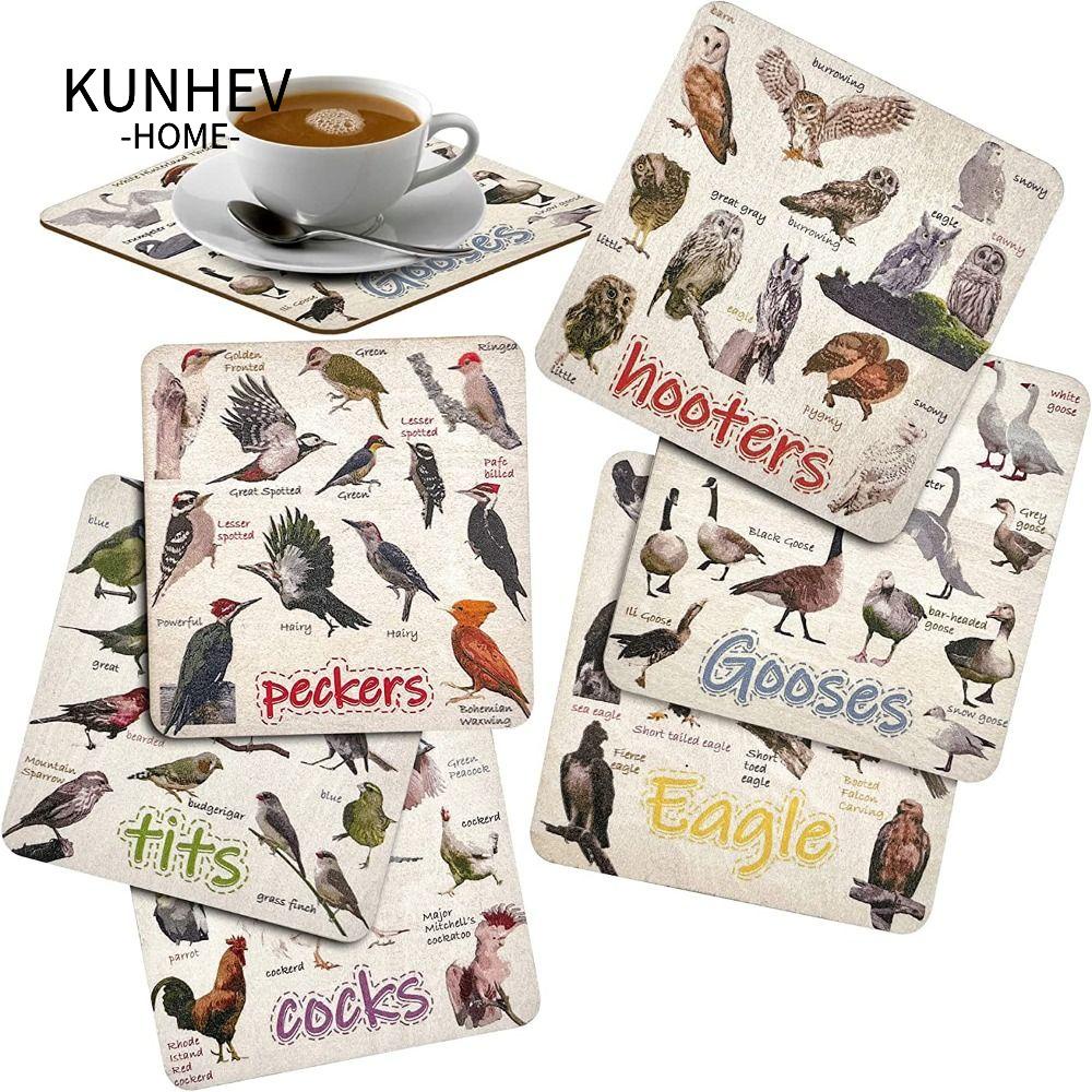 KUNHEV Bộ 6 Tấm Lót Cốc Cà Phê Cách Nhiệt Bằng Acrylic Bền Họa Tiết Chim