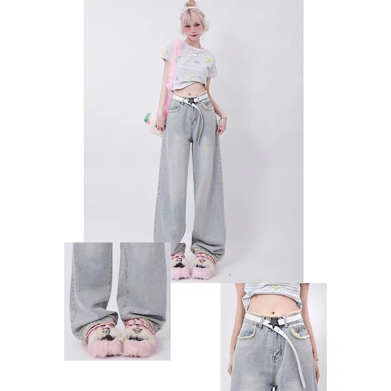 Quần Jean Ống Rộng Lưng Cao Màu Sắc Tươi Sáng Phong Cách Retro Mỹ Cho Nữ
