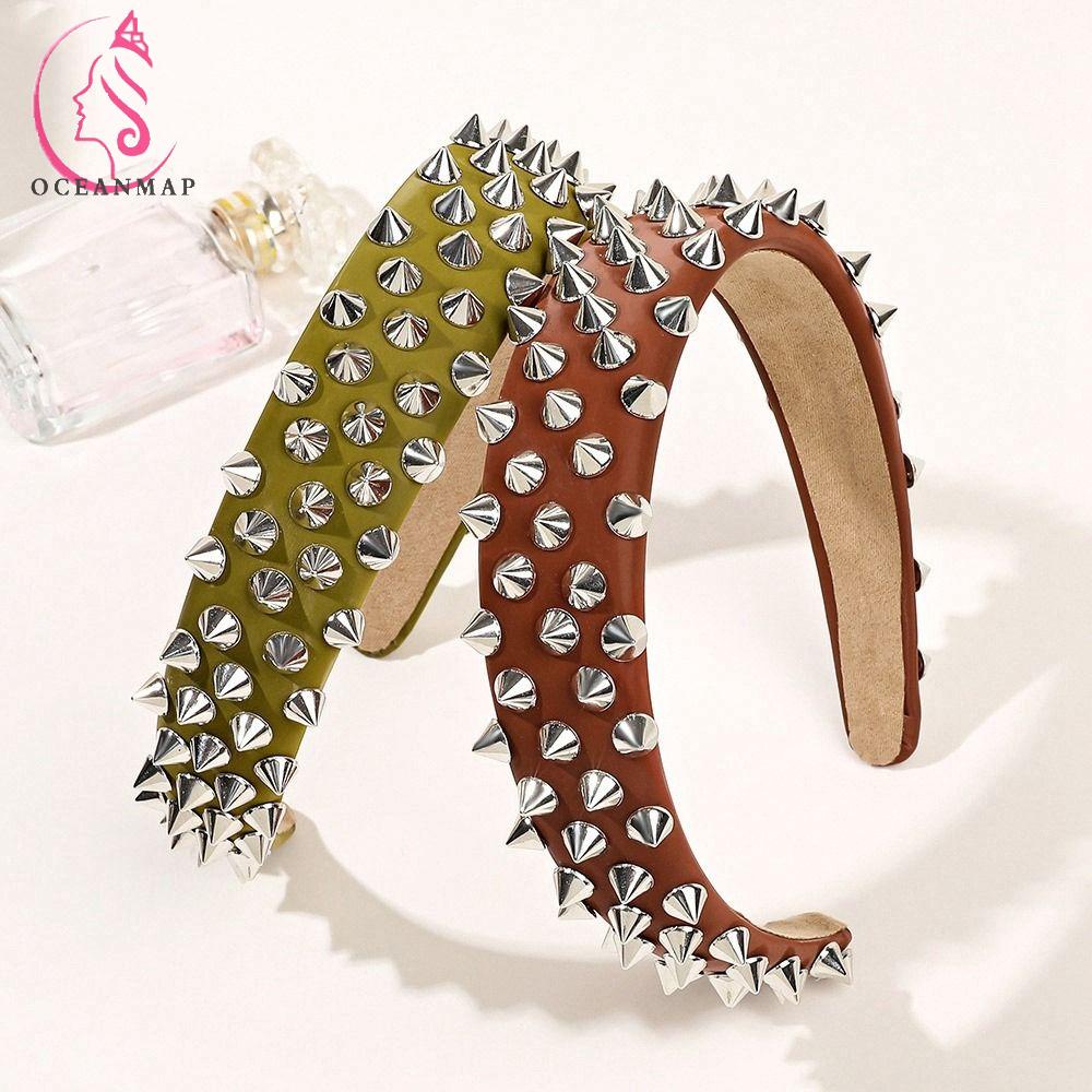 Băng Đô Cài Tóc Bằng Da PU Mỏng Đính Đinh Tán Kim Loại Phong Cách Hàn Quốc Cho Nữ