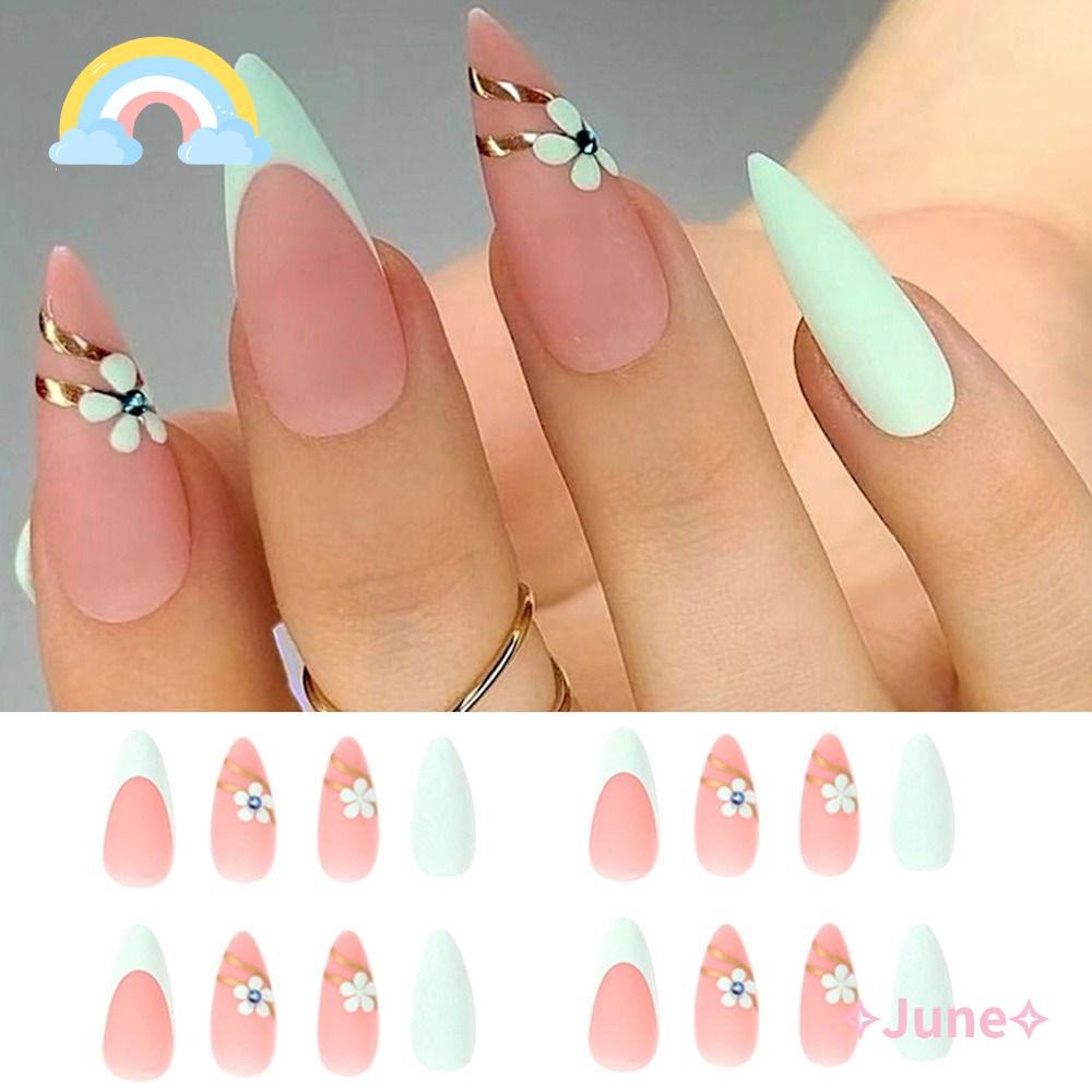 JUNE Bộ 24 Móng Tay Giả Màu Xanh Dương DIY|Đầm Hoa Nhỏ Thời Trang Pháp Quý Phái