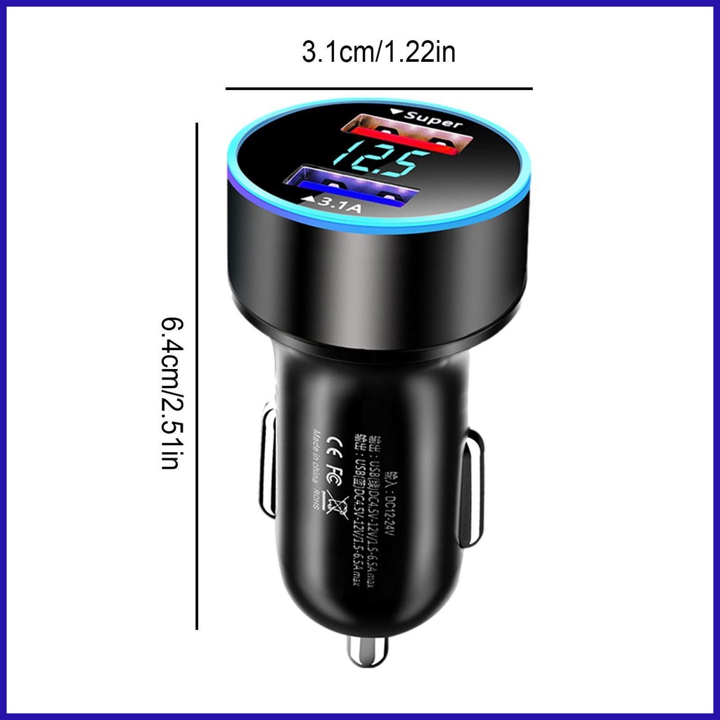 Tẩu Sạc Nhanh 66W PD Type C Hai Cổng Có Màn Hình LED Kỹ Thuật Số Mini Bằng Hợp Kim Cho Xe Hơi