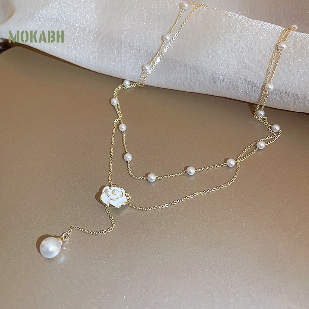 [Mok] Vòng cổ Hai Lớp Mạ Điện Mặt Hình Bông Hoa Đính Ngọc Trai Nhân Tạo Có Thể Điều Chỉnh Kích Thước