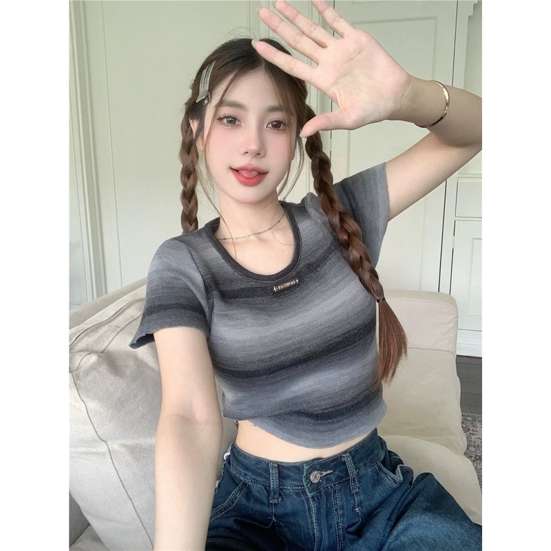 Áo Thun Ngắn Tay Dáng Ôm Họa Tiết Kẻ Sọc Thời Trang Mùa Hè Phong Cách Hàn Quốc Cho Nữ