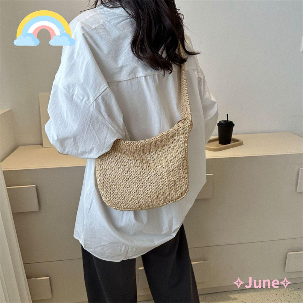 JUNE Túi Cói Đeo Vai Màu Trơn Cỡ Lớn Thời Trang Cho Nữ