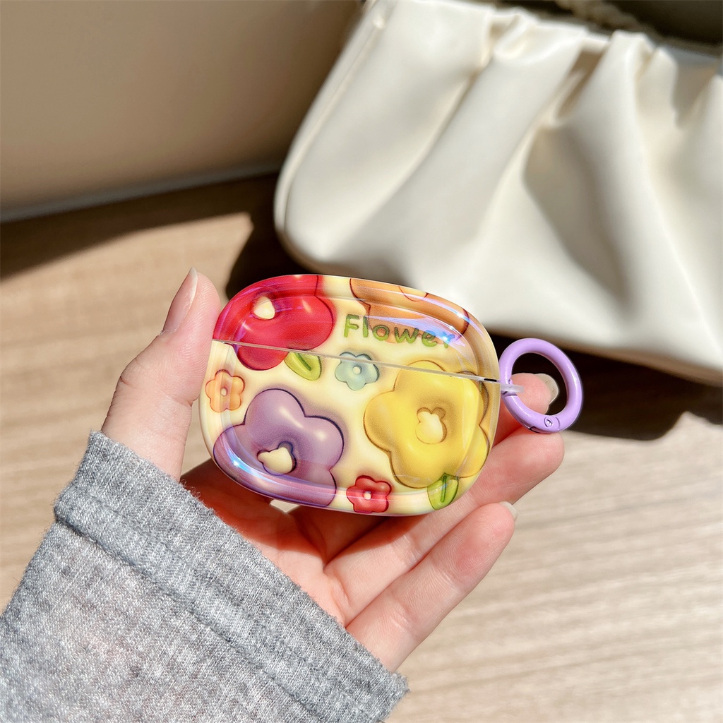 Vỏ Bảo Vệ Hộp Sạc Tai Nghe Bluetooth AirPods 1 2 Gen3 Pro2 Bằng TPU Dẻo Trong Suốt Họa Tiết Hoa Sơn Dầu Dễ Thương Kèm Móc Treo Tiện