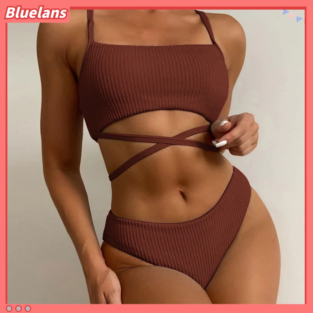 [BLS] Bộ Đồ Bơi Hai Dây Màu Trơn Có Gân Gợi Cảm Cho Nữ Hoạt Động Dưới Nước