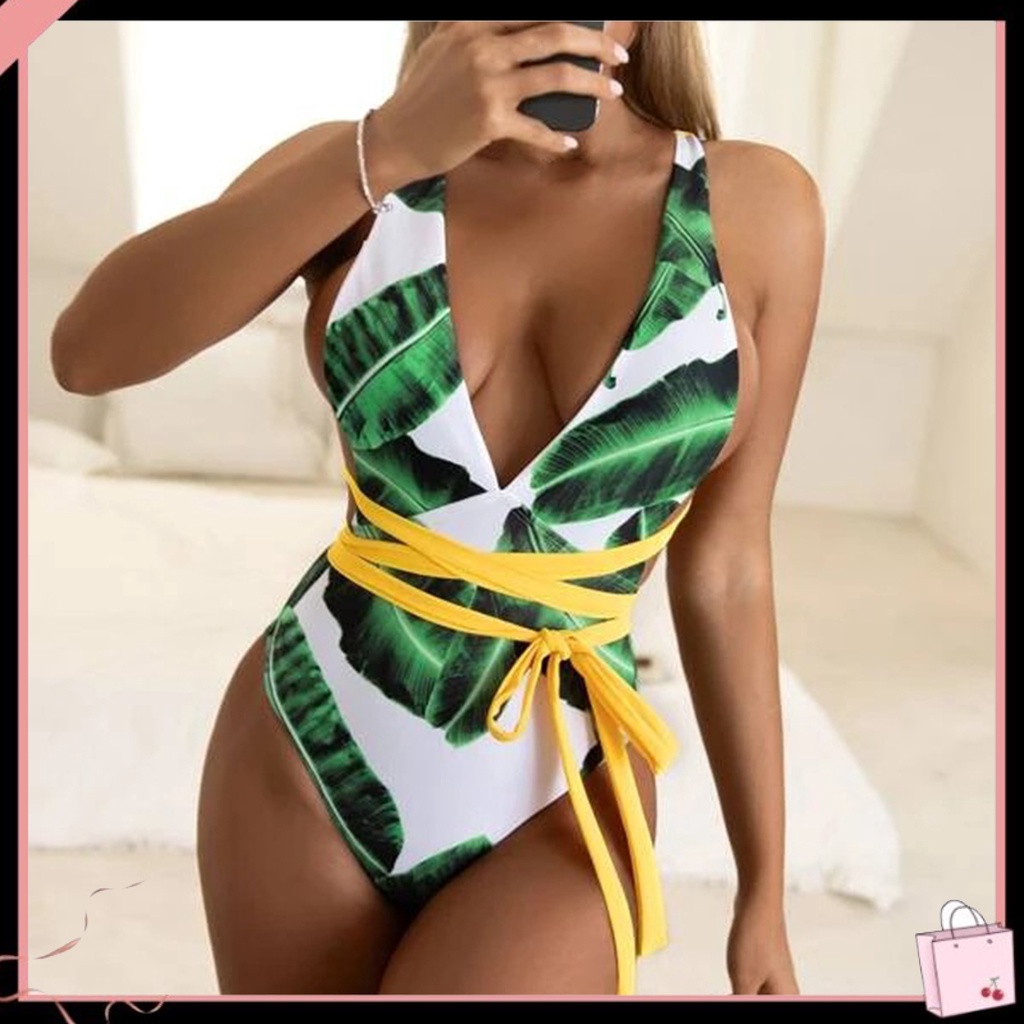 {Soltweter} Bikini Liền Thân Lưng Cao Cổ Chữ V In Họa Tiết Lá Nhiệt Đới Cho Nữ