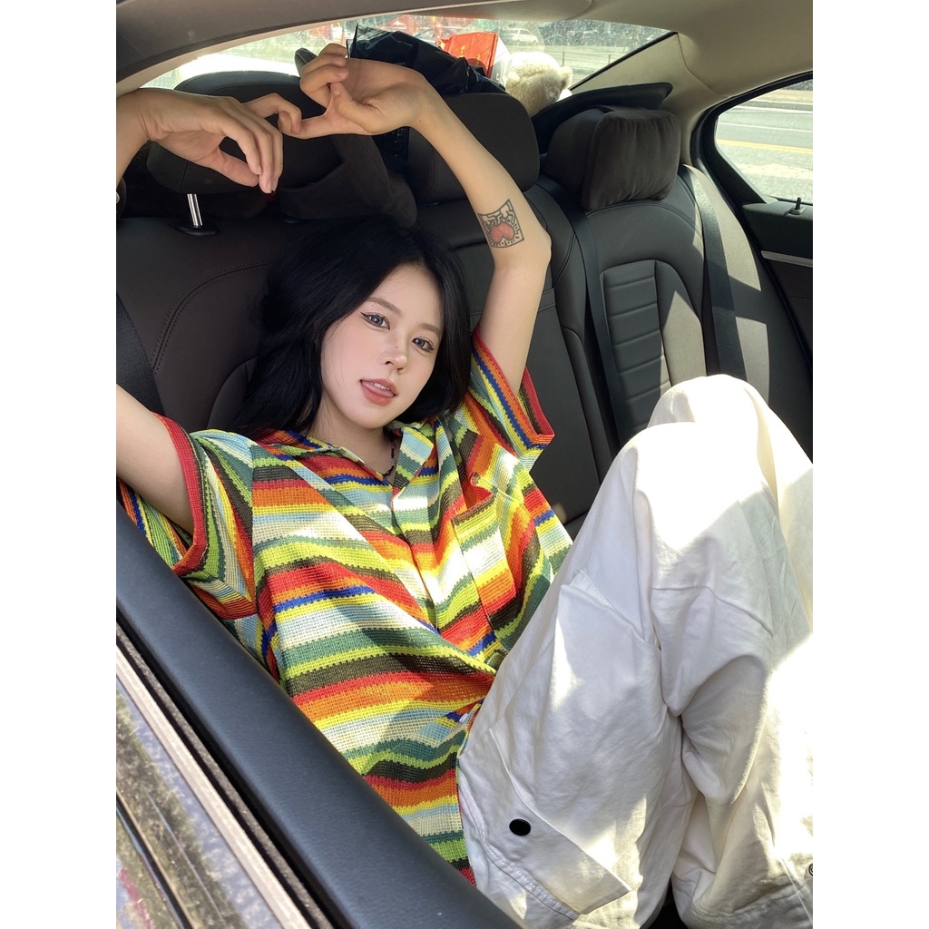 Áo Sơ Mi Dệt Kim Tay Ngắn Kẻ Sọc Màu Sắc Tương Phản Thời Trang Mùa Hè Cho Nam Và Nữ