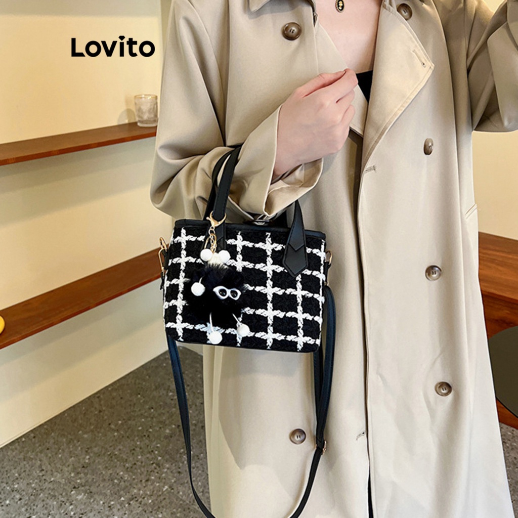 Lovito Túi vuông họa tiết cổ điển kẻ sọc đơn giản cho nữ LNA09108 (Trắng đen)