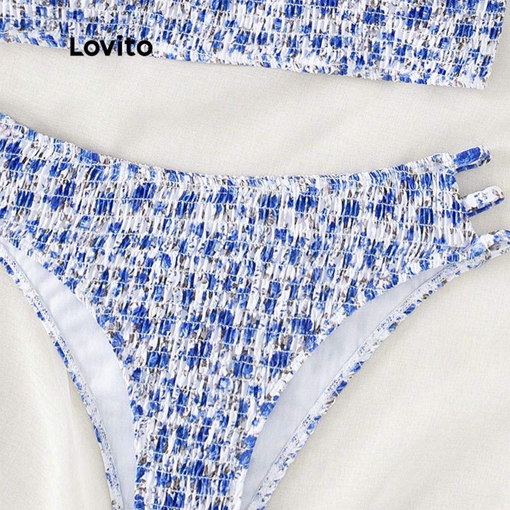 Lovito Bộ bikini họa tiết hoa đơn giản Ditsy Floral Smocked không có vòng thép cho nữ LNA09373 (Xanh đậm)
