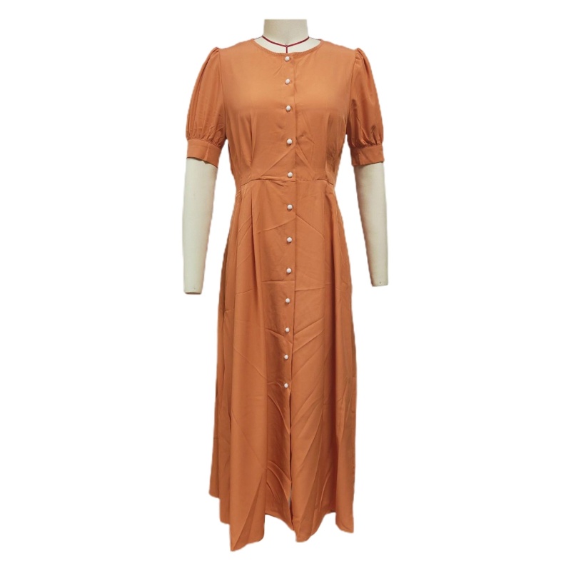 Đầm Midi Màu Trơn Cổ Tròn Cài Nút Trước Thiết Kế Xếp Ly Xinh Xắn Thời Trang Cho Nữ