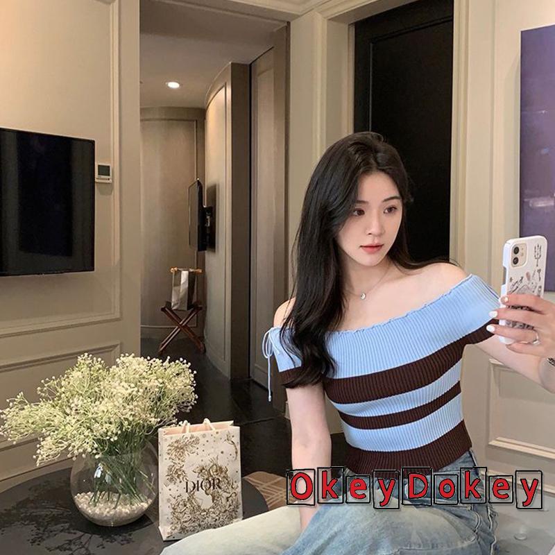 Áo Thun Crop Top Dệt Kim Trễ Vai Tay Ngắn Họa Tiết Kẻ Sọc Cho Nữ