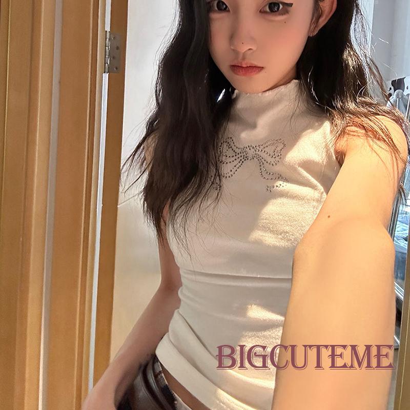 [] - Áo Tank Top Không Tay Cổ Lọ Đính Nơ Sửa Chữa Nóng Bỏng Thời Trang Đường Phố Mùa Hè Cho Nữ