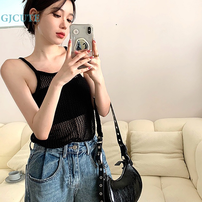 Áo Hai Dây Dệt Kim Màu Trơn Khoét Lỗ Gợi Cảm Cho Nữ