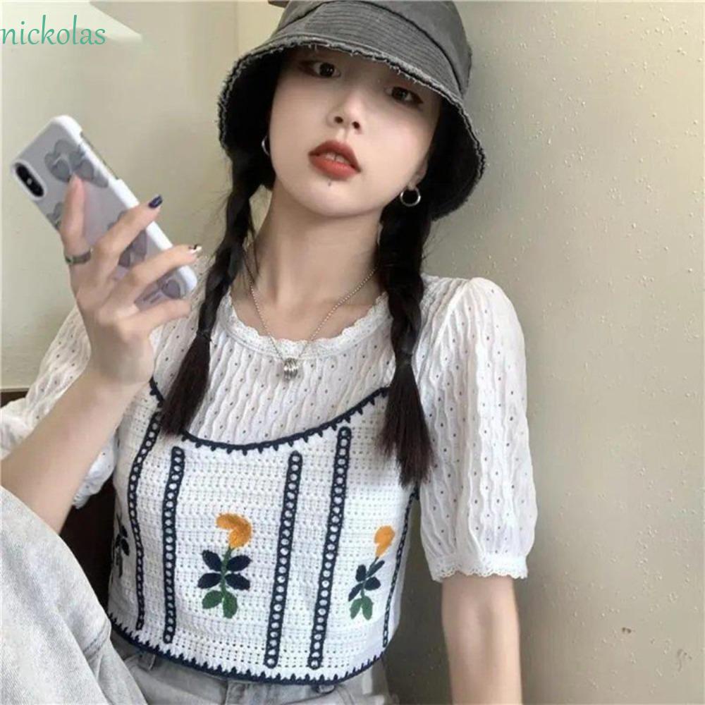 NICKOLAS Áo Dệt Kim Sát Nách Dáng Rộng Cổ Chữ V Thêu Họa Tiết Phong Cách Retro Quyến Rũ Cho Nữ