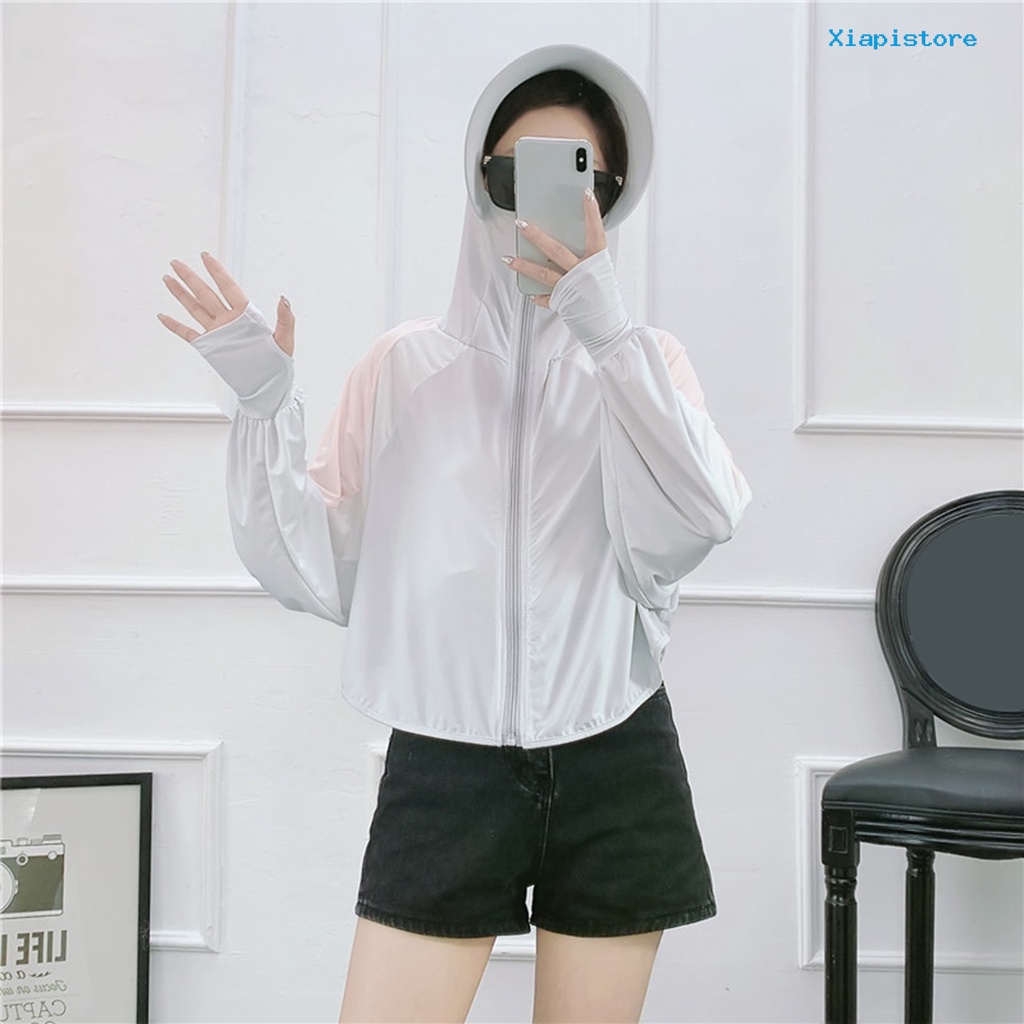 [XI] Áo Khoác Chống Nắng Tay Dài Cổ Đứng Chắp Vá Lỗ Bằng Lụa Lạnh Siêu Mỏng Có Mũ Rộng Vành Cho Nữ