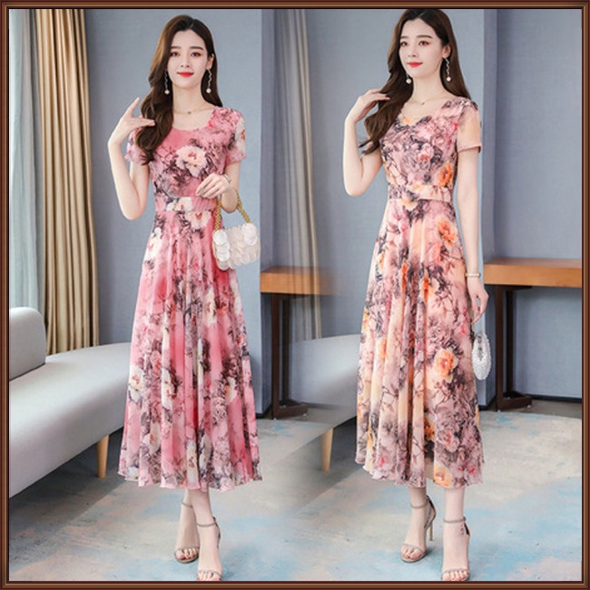 Đầm Công Chúa Dáng Chữ A Tay Ngắn Cổ Chữ V Bằng Lụa Mát In Họa Tiết Hoa