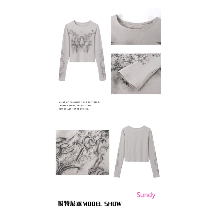 Áo Thun Tay Dài Màu Xám In Họa Tiết Phong Cách Retro Hàn Quốc Cho Nữ