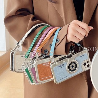 Creative and Personalized 3D Electroplated Camera Leather Hand Starp Phone Case Suitable for iPhone 15 Pro Max 11 12 13 14 Pro Max 14 Plus Shockproof Full Case
